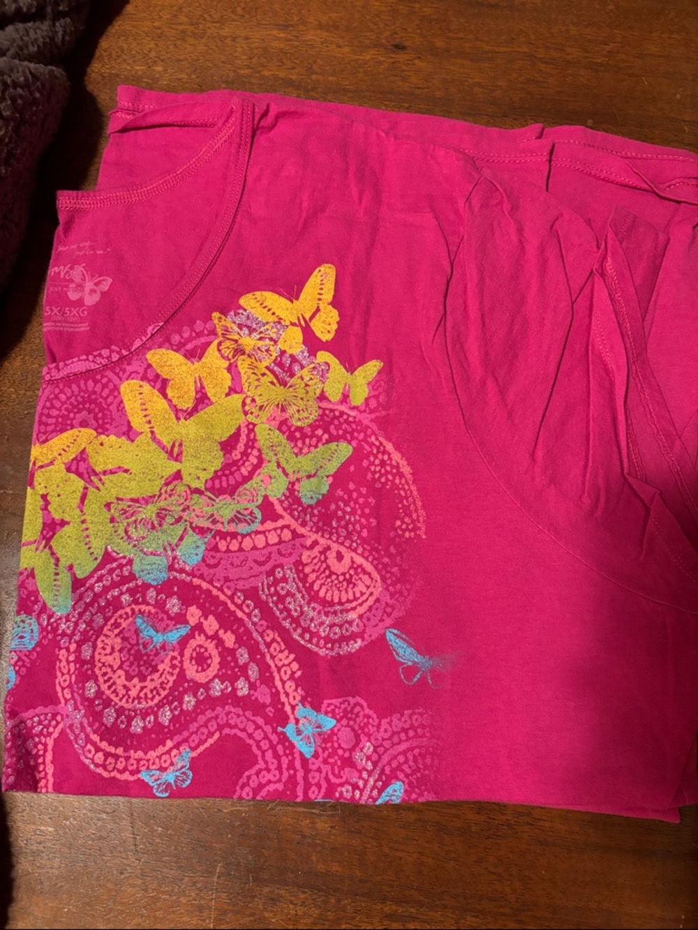 Just My Size Hot Pink Short Sleeve Tee with Yellow & Green Butterfly Print - Picture 2 of 2